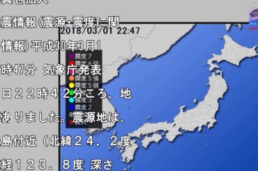 【地震情報(震源･震度に関する情報)】平成30年3月1日22時47分 気象庁発表