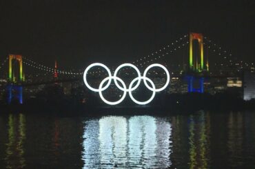 五輪と花火、半年前の祝福 東京・お台場で記念式典