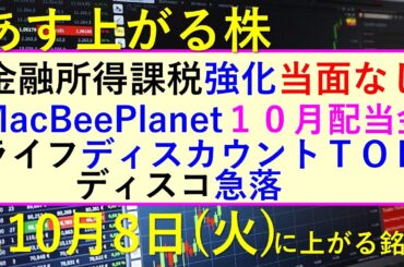 あす上がる株　2024年１０月８日（火）に上がる銘柄。金融所得課税は当面なし。ディスコが急落。MacBeePlanetの１０月配当金～最新の日本株情報。高配当株の株価やデイトレ情報も～